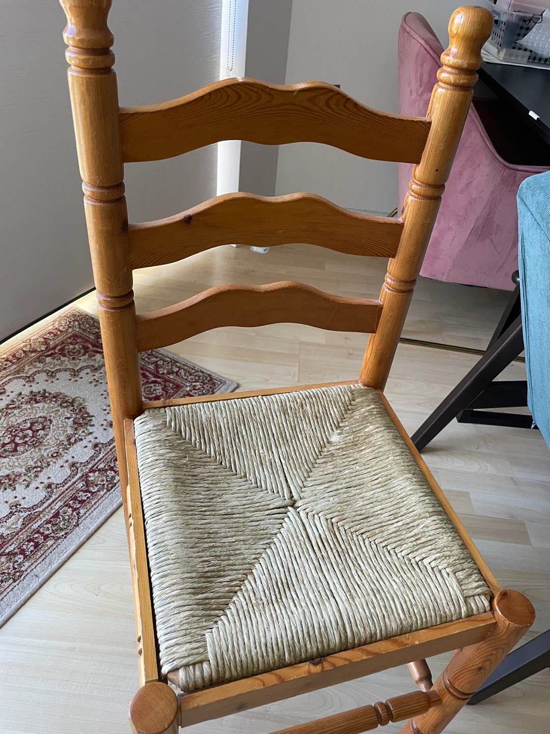 Vintage Pine Wooden Ladderback Chair with Rush Seat - photo 2
