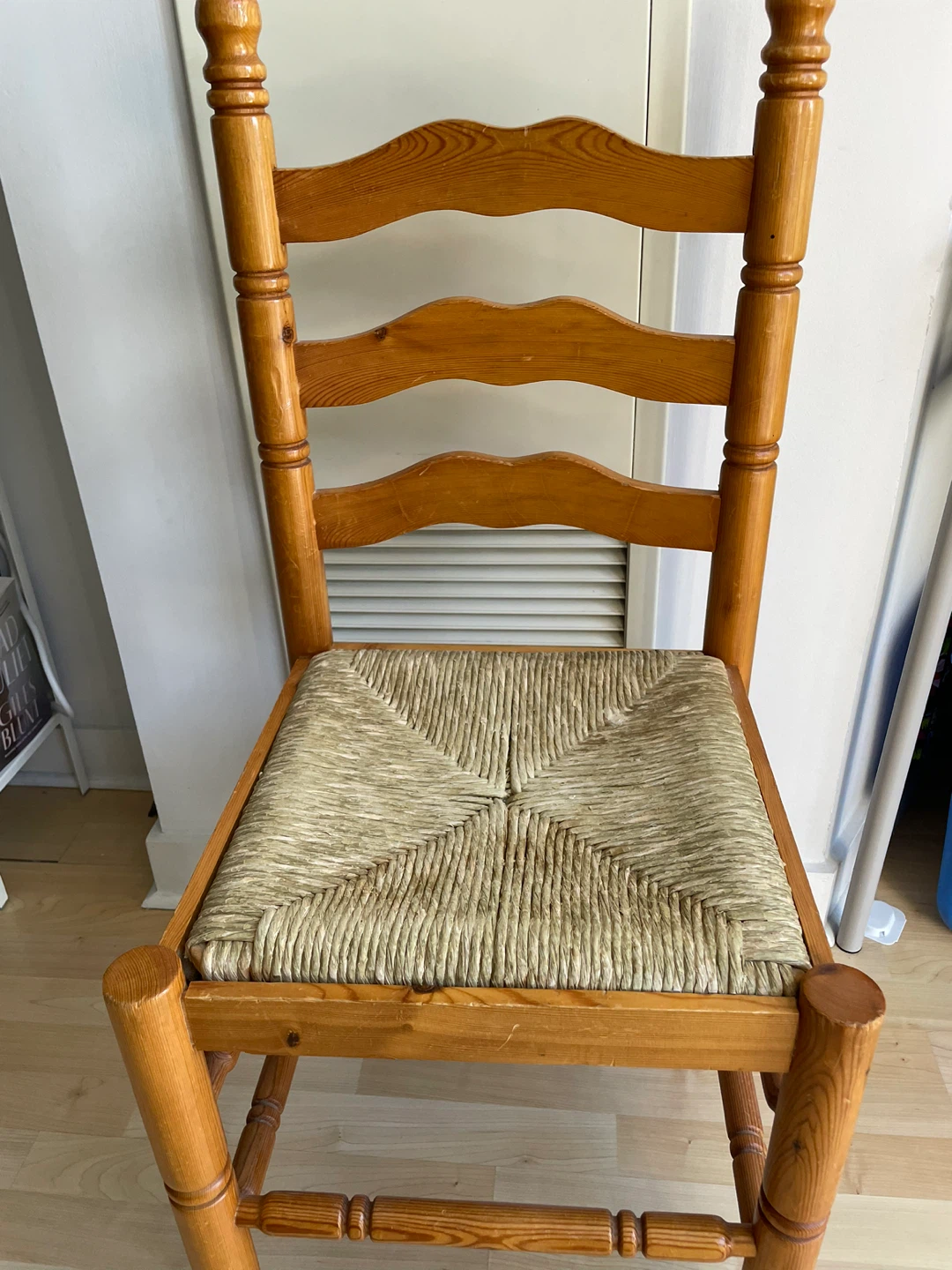 Vintage Pine Wooden Ladderback Chair with Rush Seat
