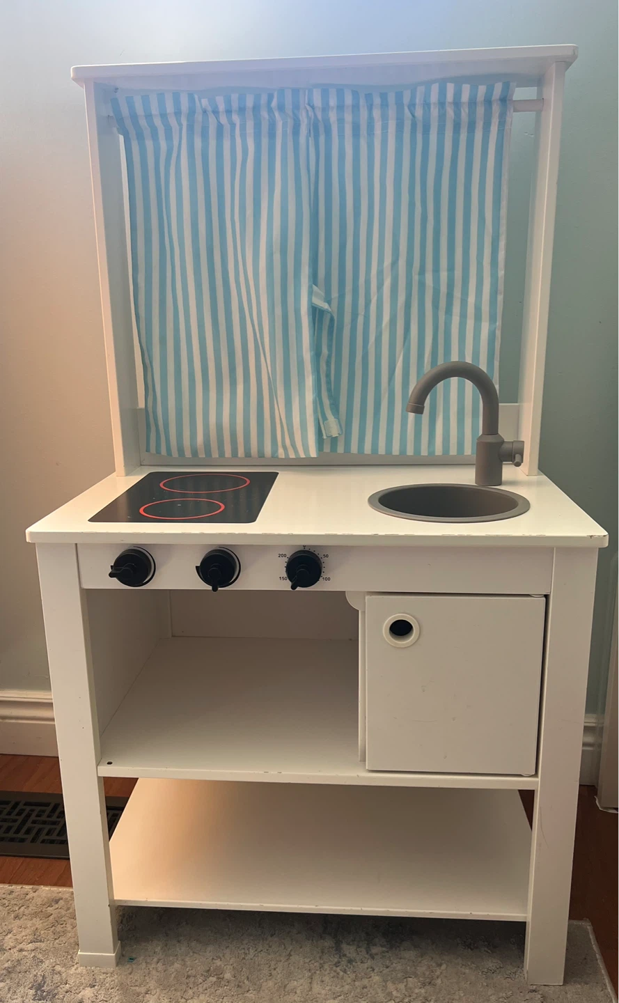 White Play Kitchen with Blue Striped Curtains