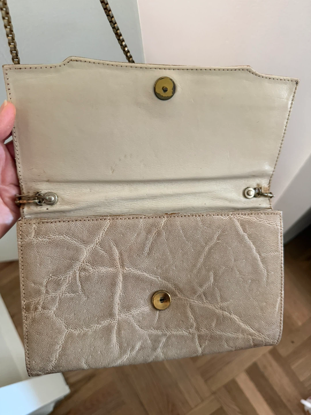 Beige Leather Textured Clutch with Chain Strap - photo 2