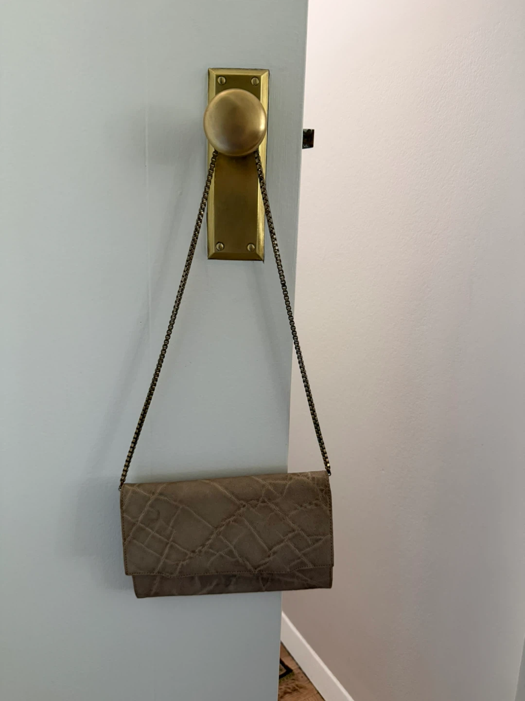 Beige Leather Textured Clutch with Chain Strap
