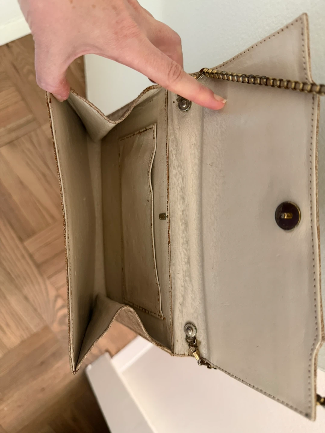 Beige Leather Textured Clutch with Chain Strap - photo 3