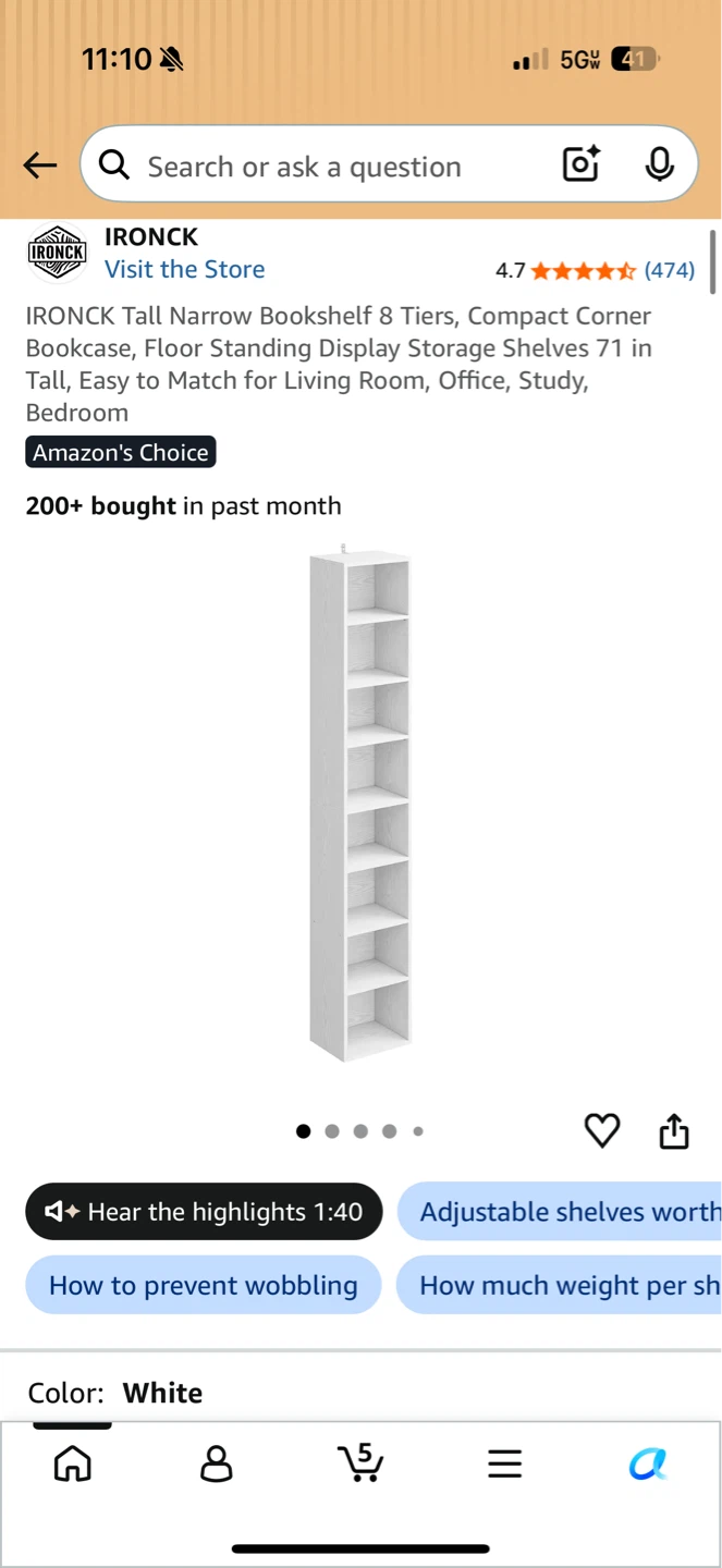 IRONCK Tall Narrow Bookshelf 8 Tiers - White