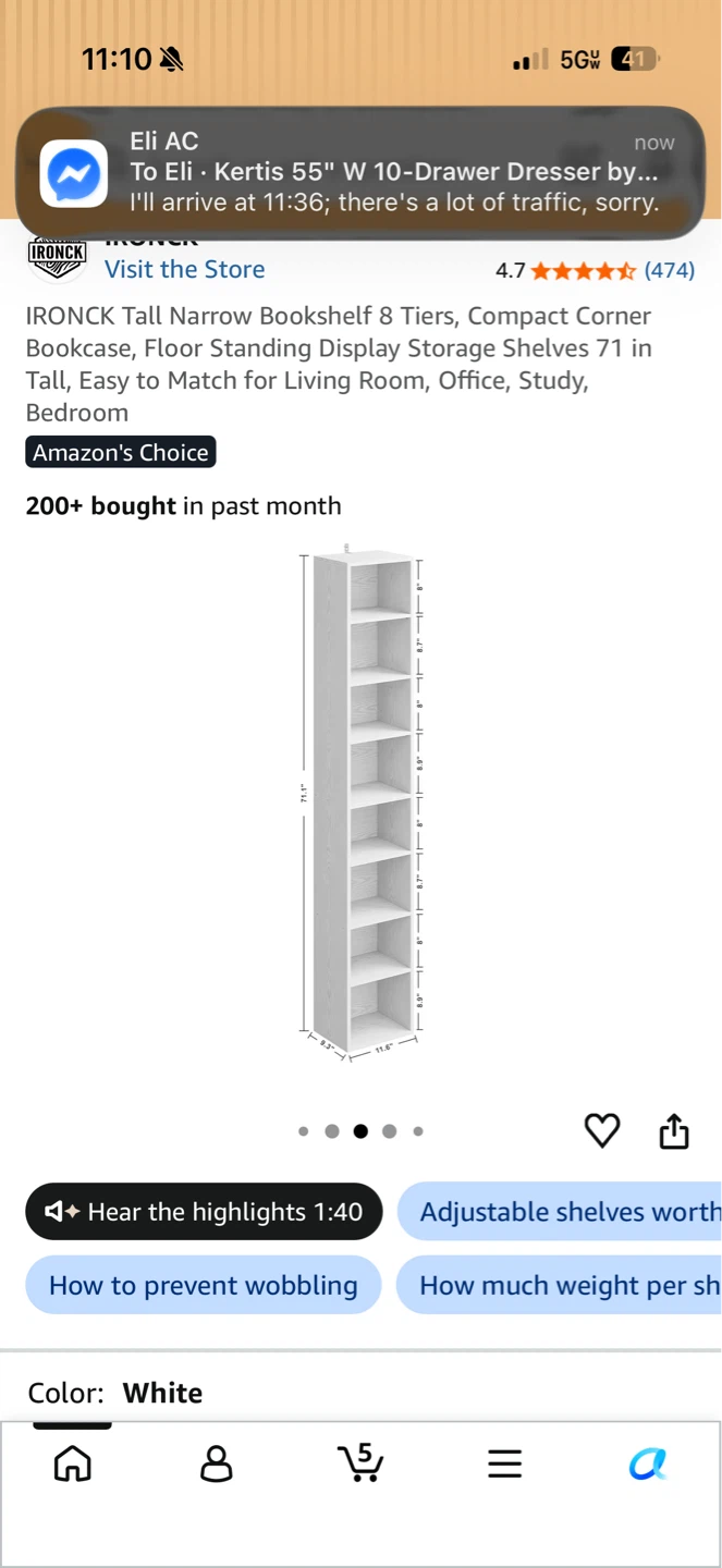 IRONCK Tall Narrow Bookshelf 8 Tiers - White - photo 3