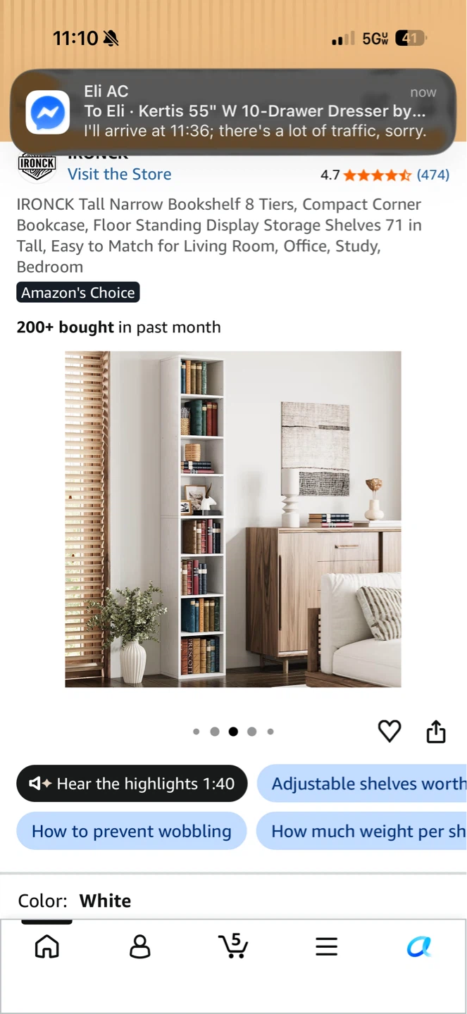 IRONCK Tall Narrow Bookshelf 8 Tiers - White - photo 2