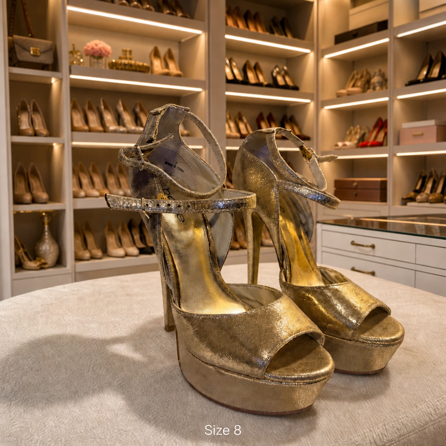Bebe Gold Platform High Heels - Size 8