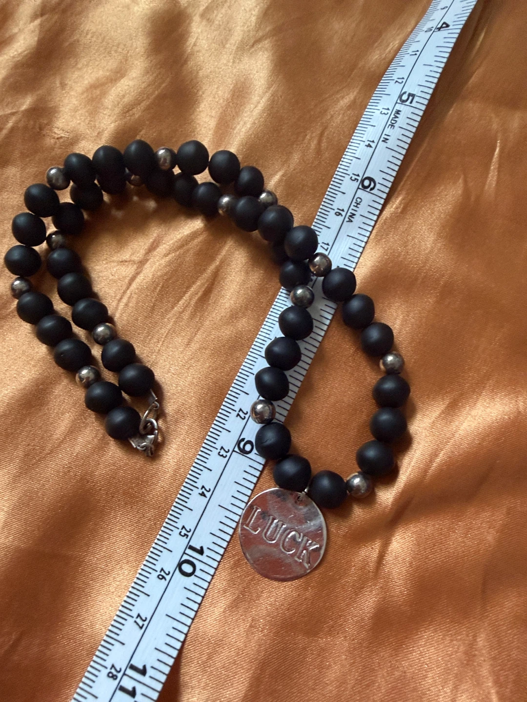 Black and Sterling Silver Beaded Necklace with "LUCK" Charm - photo 2