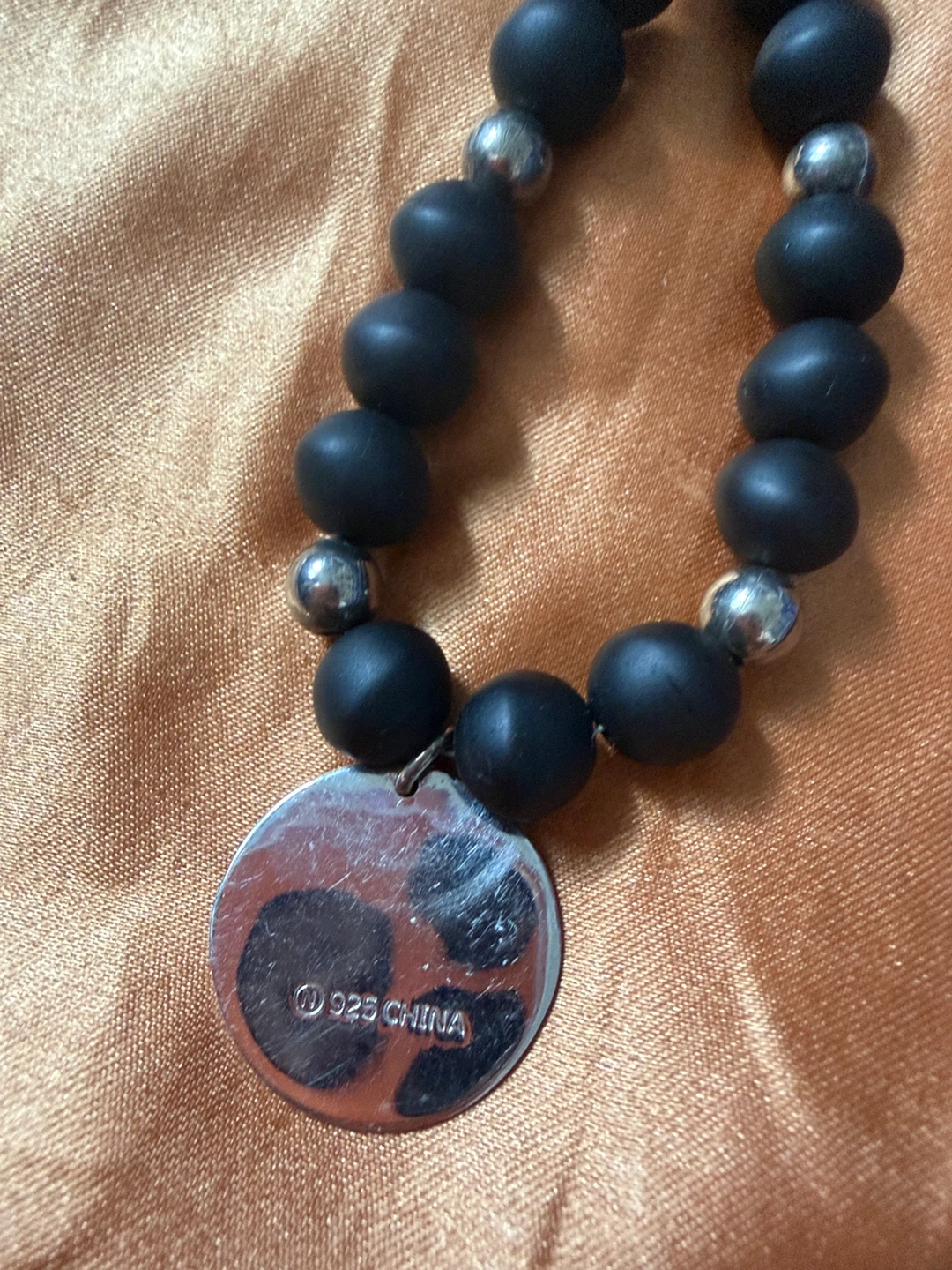 Black and Sterling Silver Beaded Necklace with "LUCK" Charm - photo 3