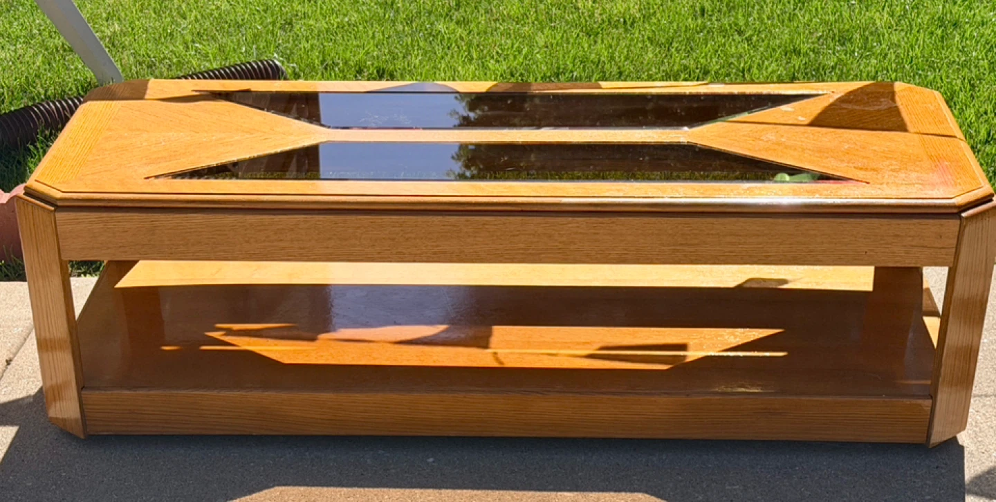 Solid Oak Wood & Smoked Glass Coffee Table-on wheels-Vintage. - photo 3