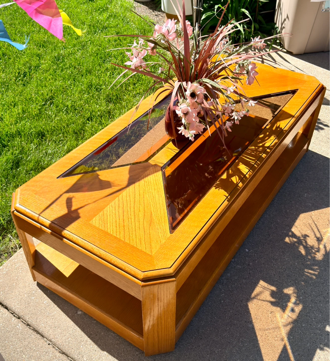 Solid Oak Wood & Smoked Glass Coffee Table-on wheels-Vintage.