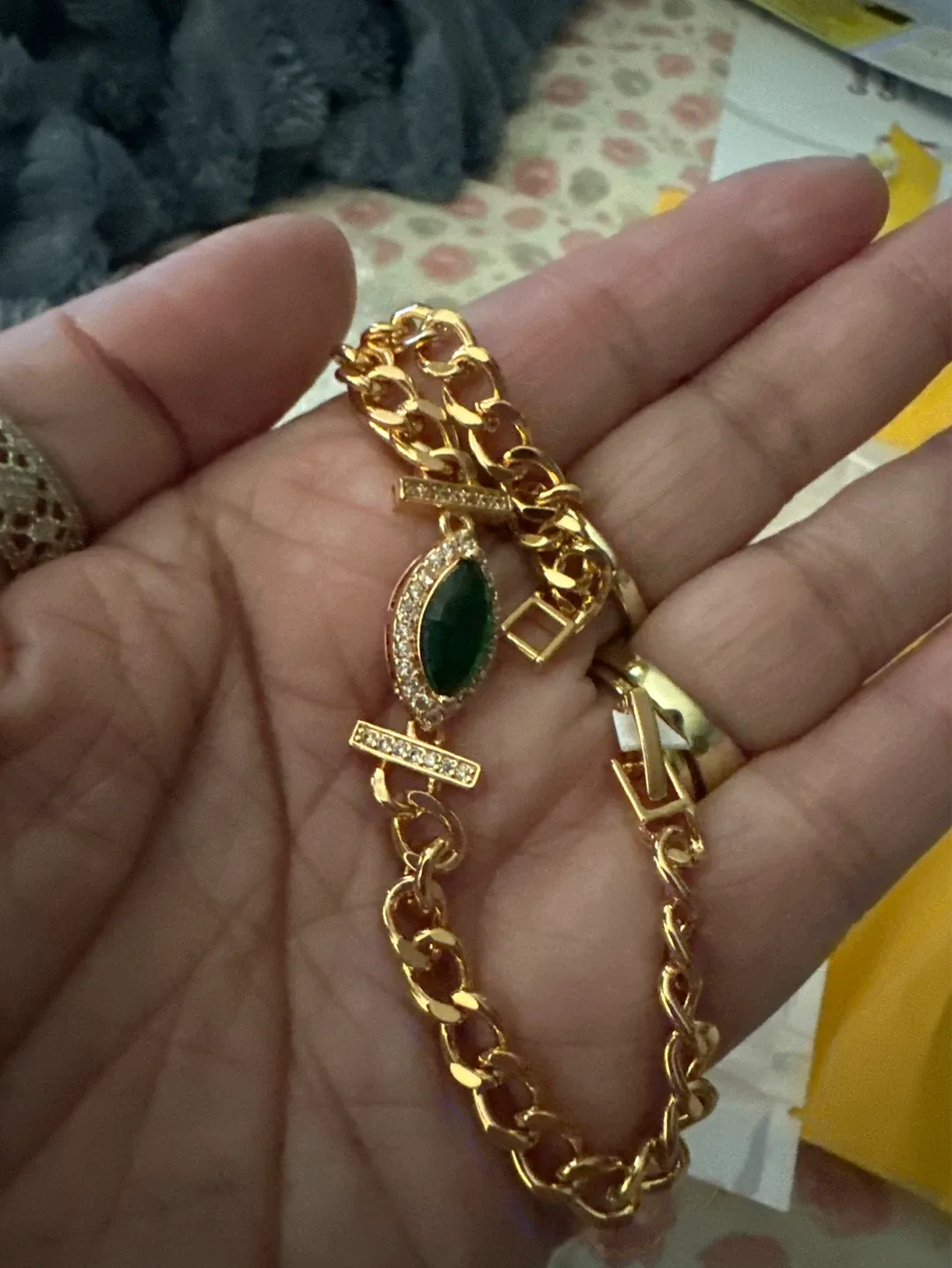 Gold Tone Bracelet with Emerald Green Stone - photo 2