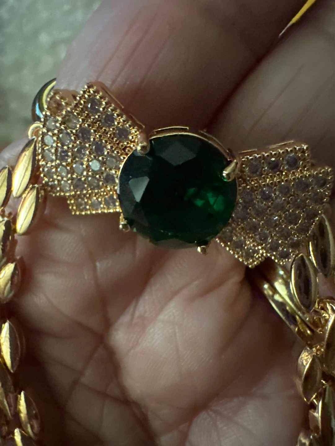 Gold Tone Bracelet with Green Emerald-like Stone and Crystal Bow - photo 2