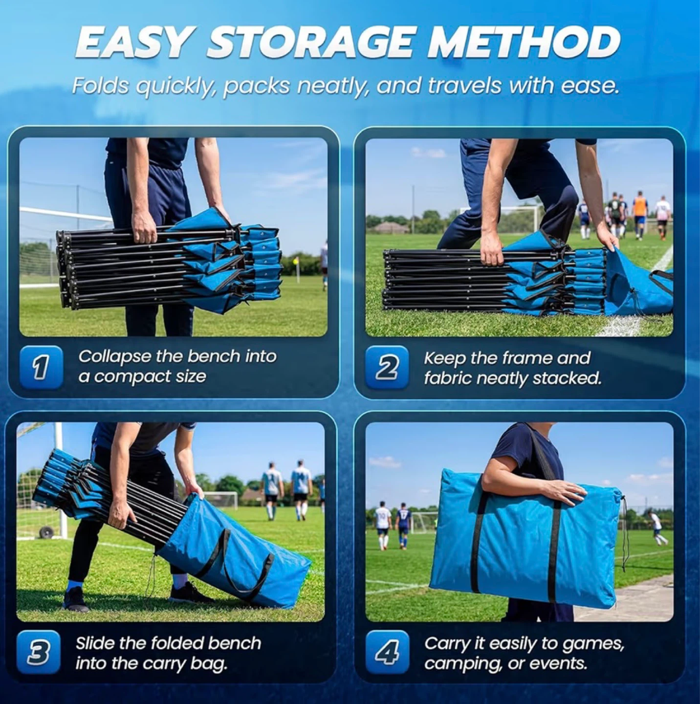 Blue 6-Seater Folding Bench with Backrest - photo 3
