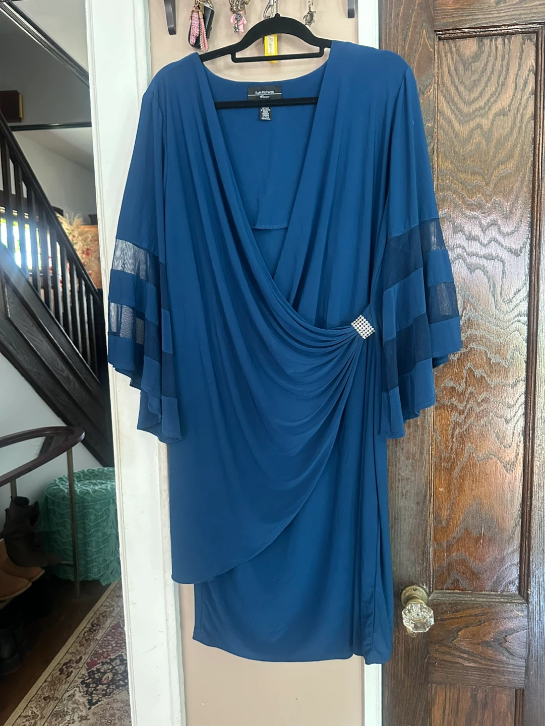 R&M Richards Blue Draped Dress with Mesh Sleeves Size 20W