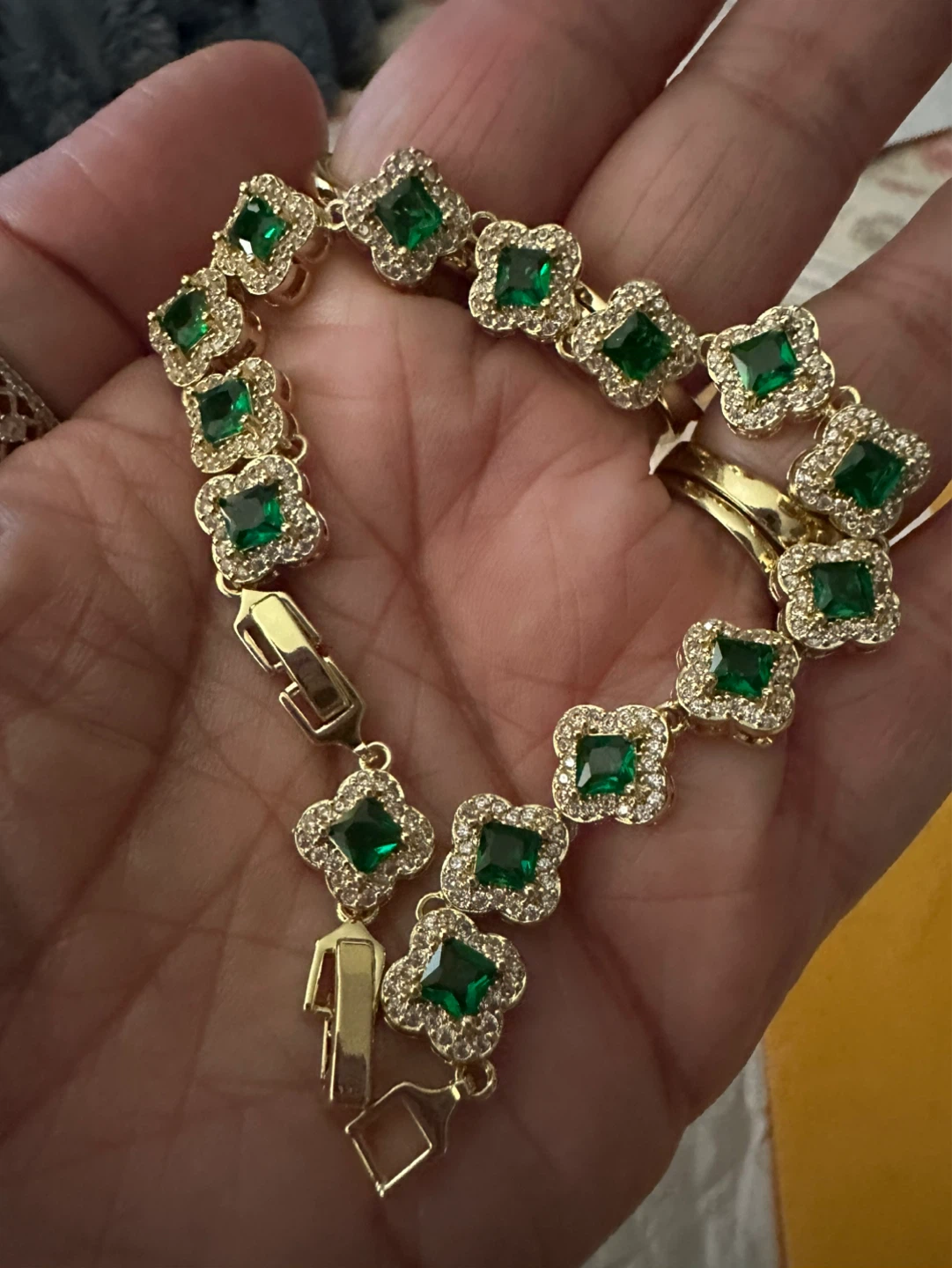 Gold Tone Clover Bracelet with Green Stones