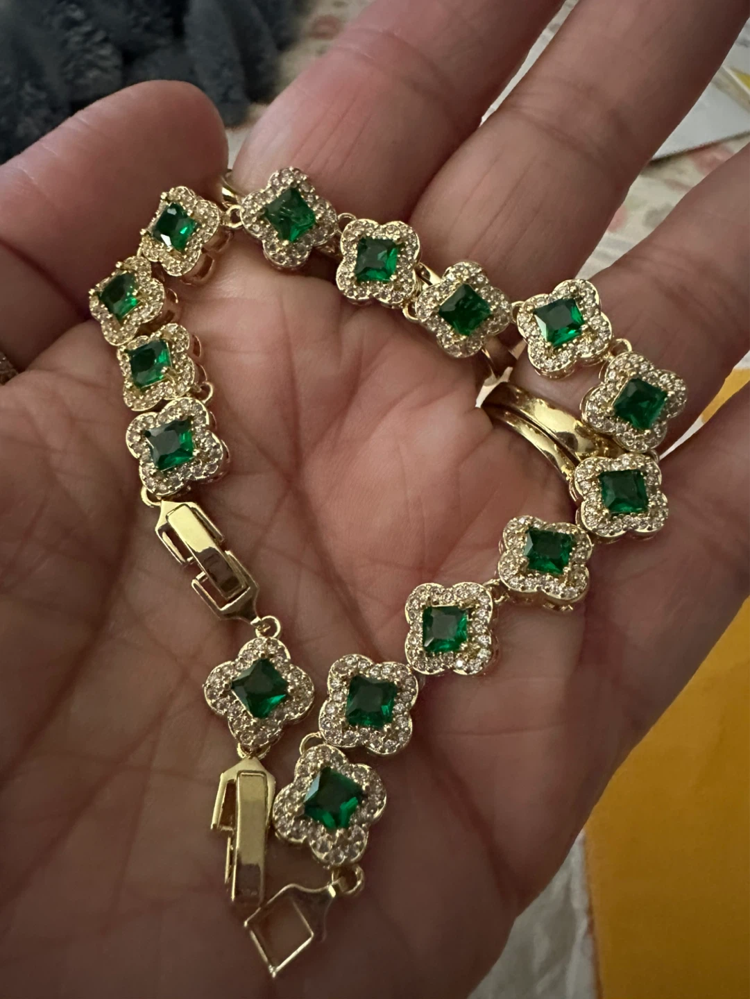 Gold Tone Clover Bracelet with Green Stones - photo 3