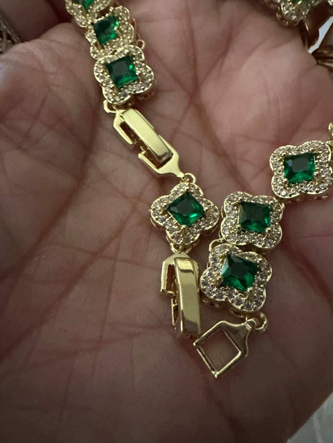 Gold Tone Clover Bracelet with Green Stones - photo 2