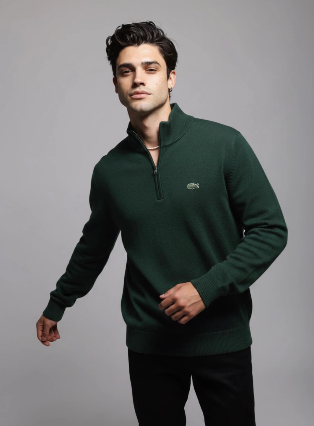 Lacoste Classic Fit Dark Green Quarter Zip Sweater