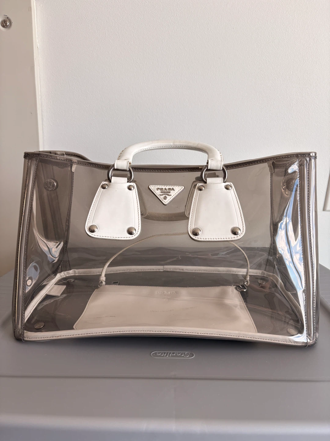 Authentic Prada Transparent Tote Bag with White Leather Trim