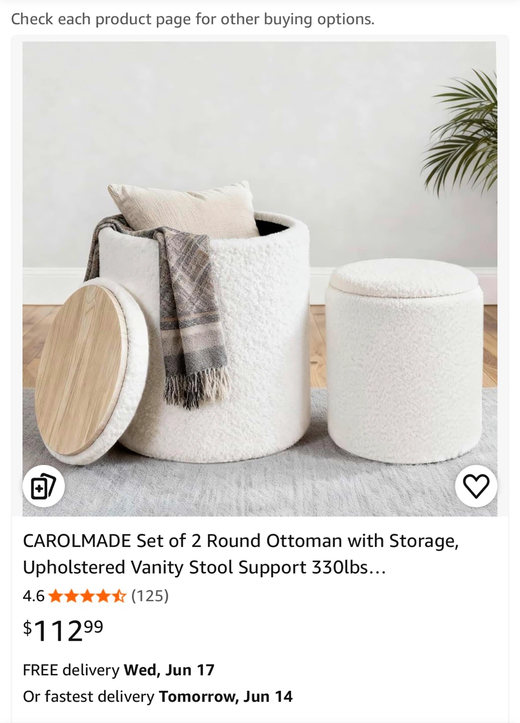 CAROLMADE Set of 2 Round Storage Ottomans - White