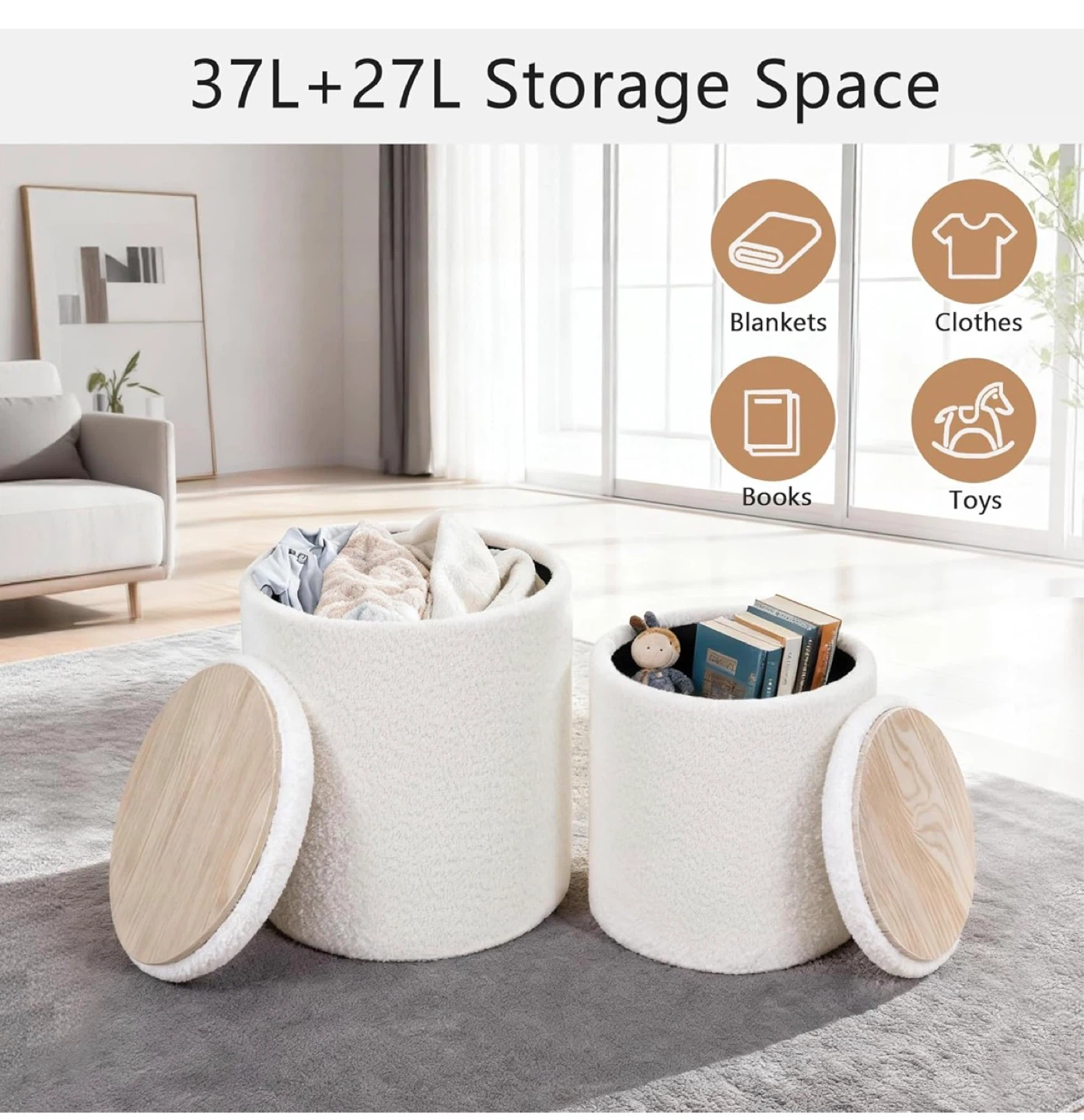 CAROLMADE Set of 2 Round Storage Ottomans - White - photo 4