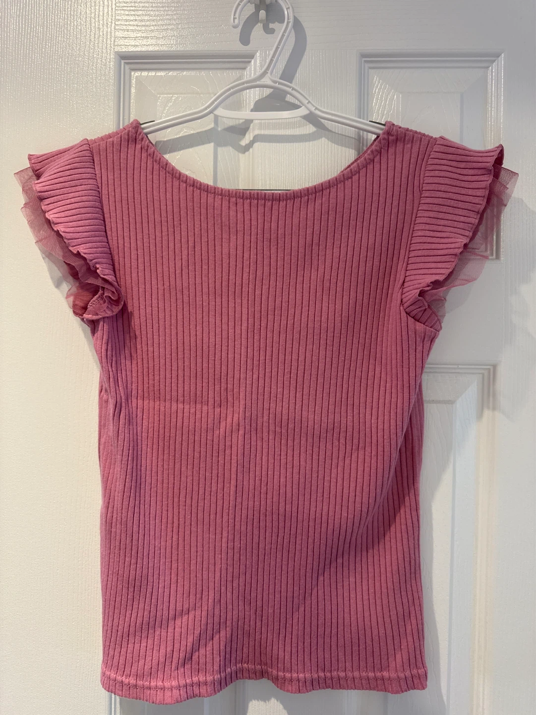 Pink Ribbed T-Shirt with Ruffle Sleeves