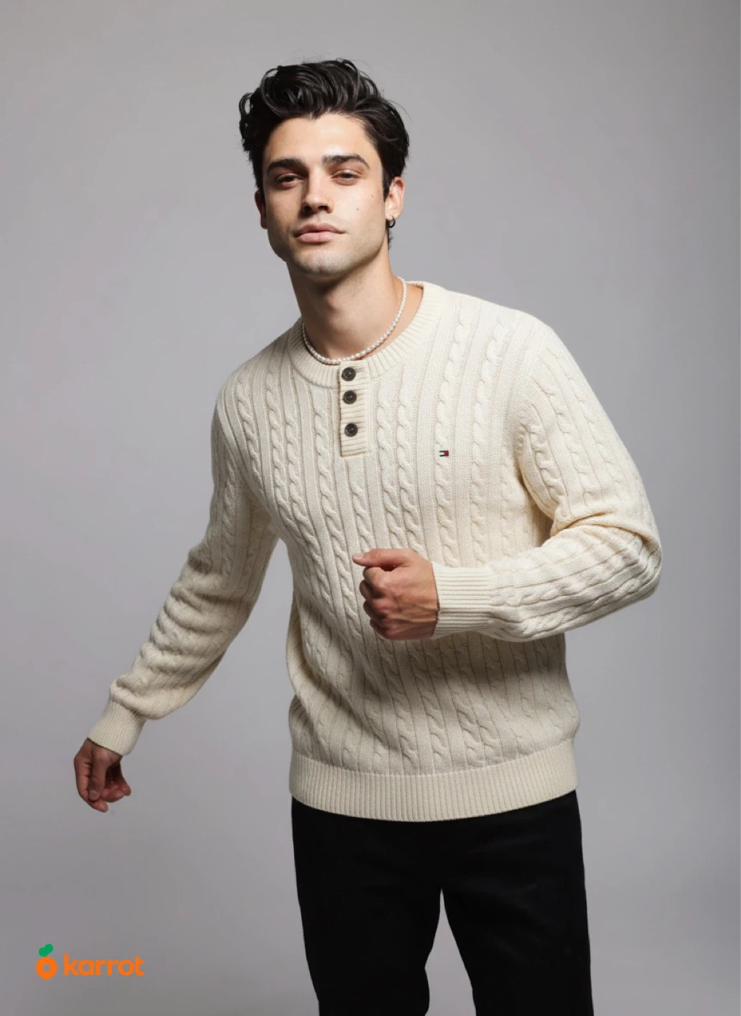 Tommy Hilfiger Cream Cable Knit Mock Neck Sweater