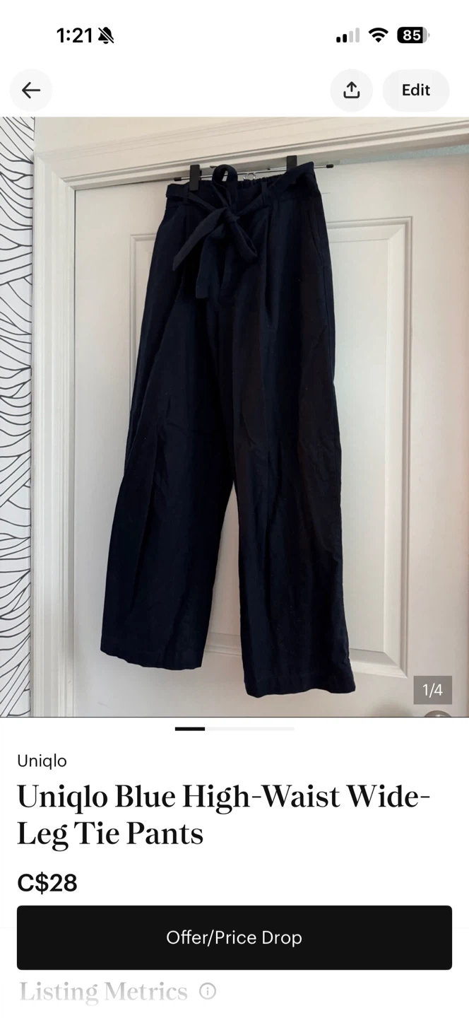 UNIQLO Blue High-Waist Wide-Leg Tie Pants Size S