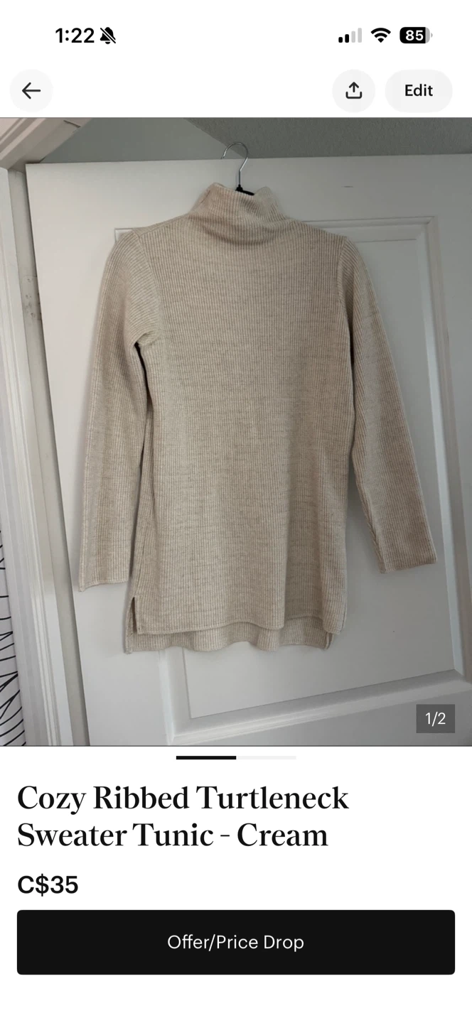 Cozy Ribbed Turtleneck Sweater Tunic - Cream