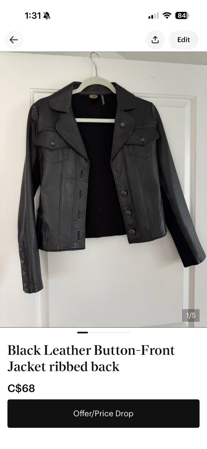 Black Leather Button-Front Jacket ribbed back
