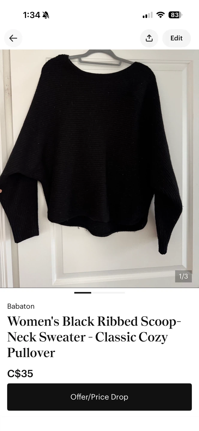 Babaton Women's Black Ribbed Scoop-Neck Sweater - Size L