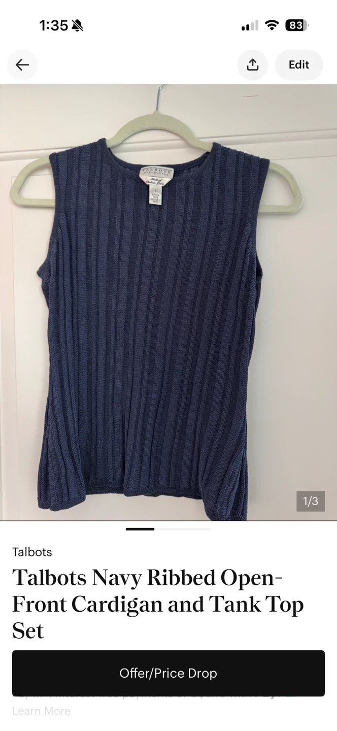 Talbots Navy Ribbed Open-Front Cardigan and Tank Top Set