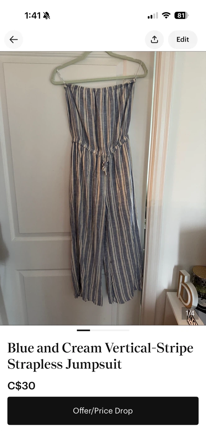 Blue and Cream Vertical-Stripe Strapless Jumpsuit