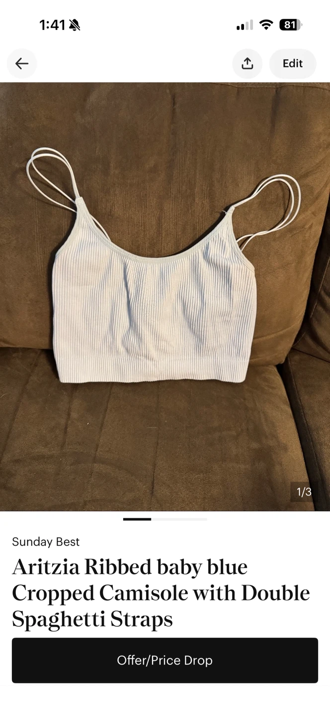 Aritzia Ribbed Baby Blue Cropped Camisole