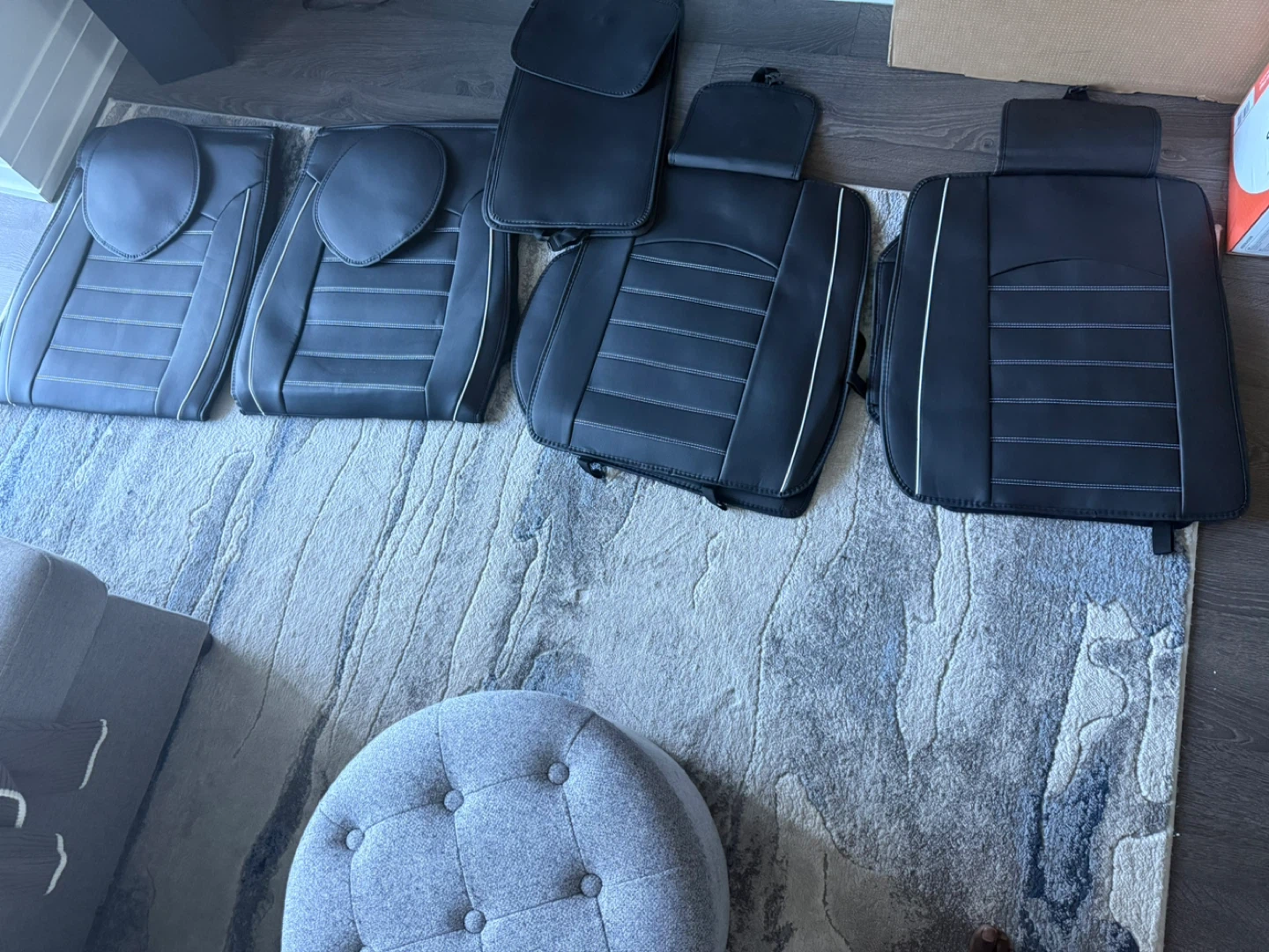 Black Faux Leather Car Seat Covers with White Stitching