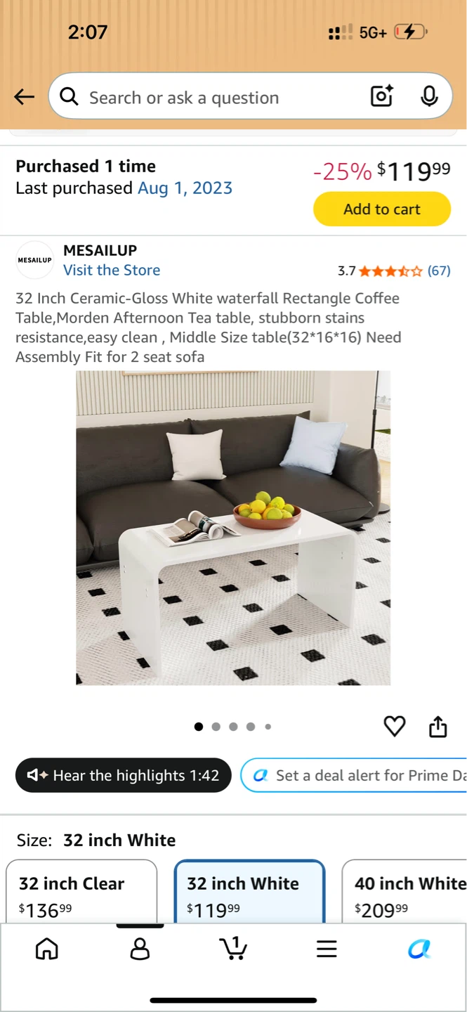MESIAILUP 32 Inch Ceramic-Gloss White Waterfall Coffee Table