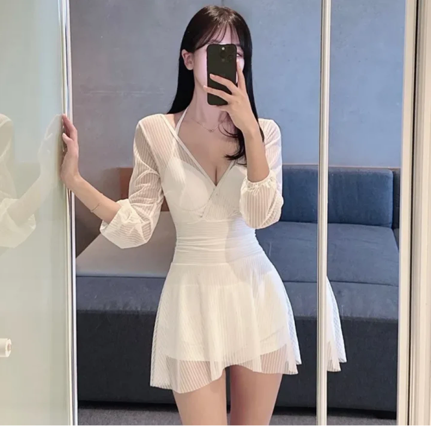White Sheer Sleeve Swimsuit Dress