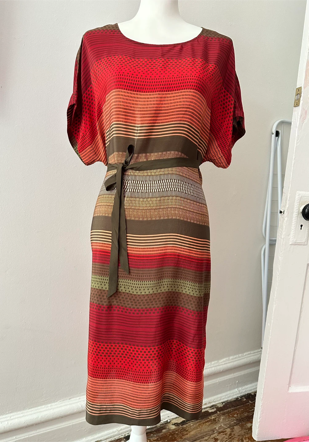 Monsoon Women's Silk Kaftan Dress Size M Red Geometric Print