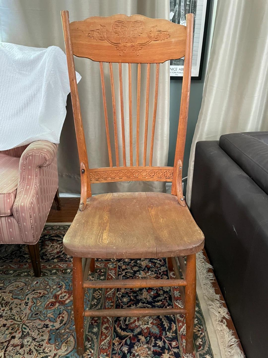 Antique Wooden Press Back Chair with Carvings