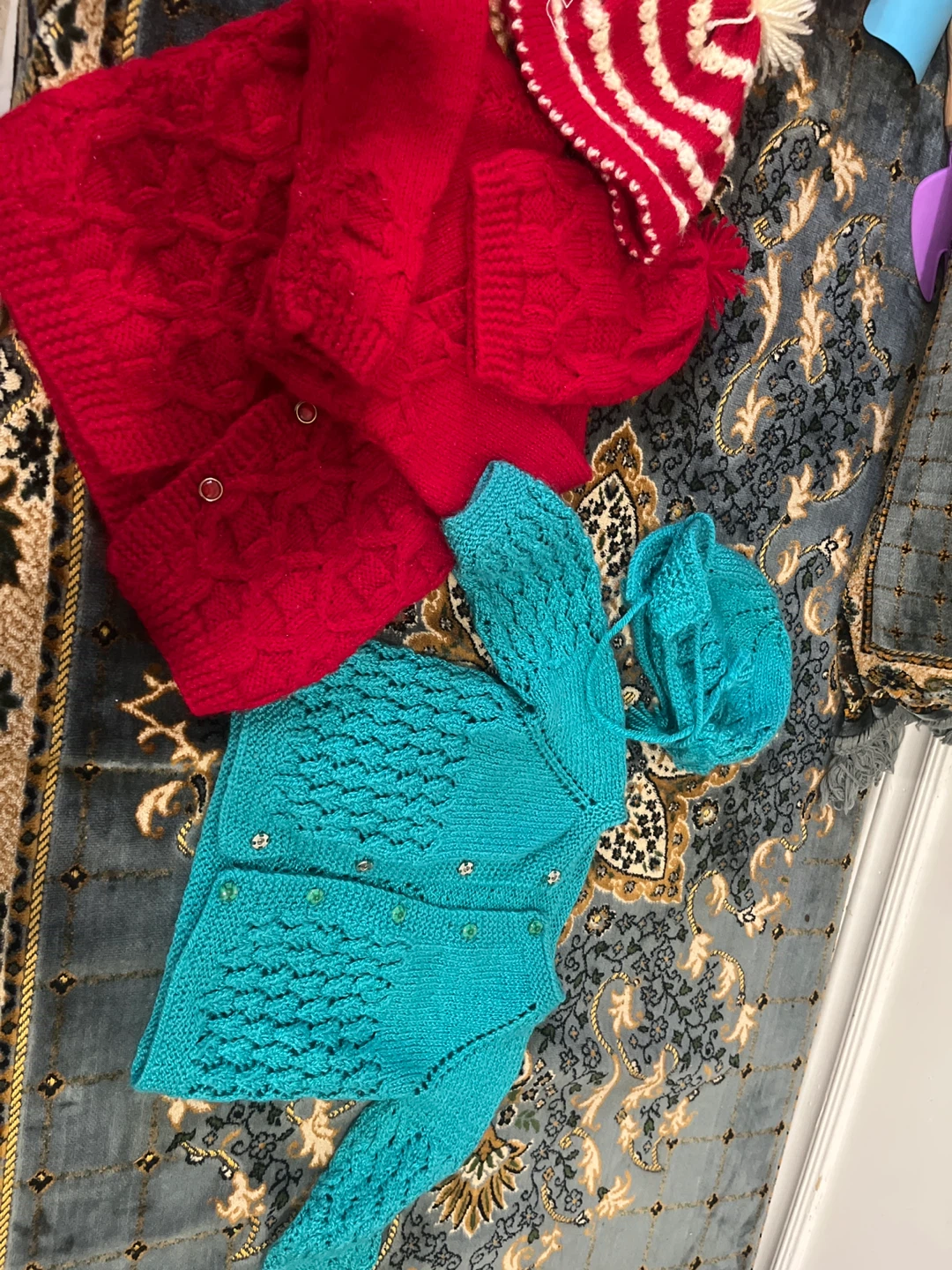 Red Cable Knit Sweater and Teal Cardigan Set with Hats