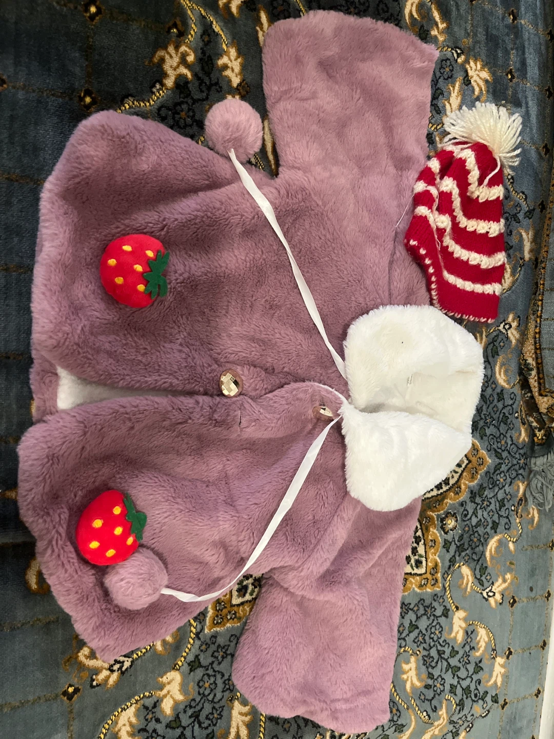 Faux Fur Hooded Jacket with Strawberry Detail