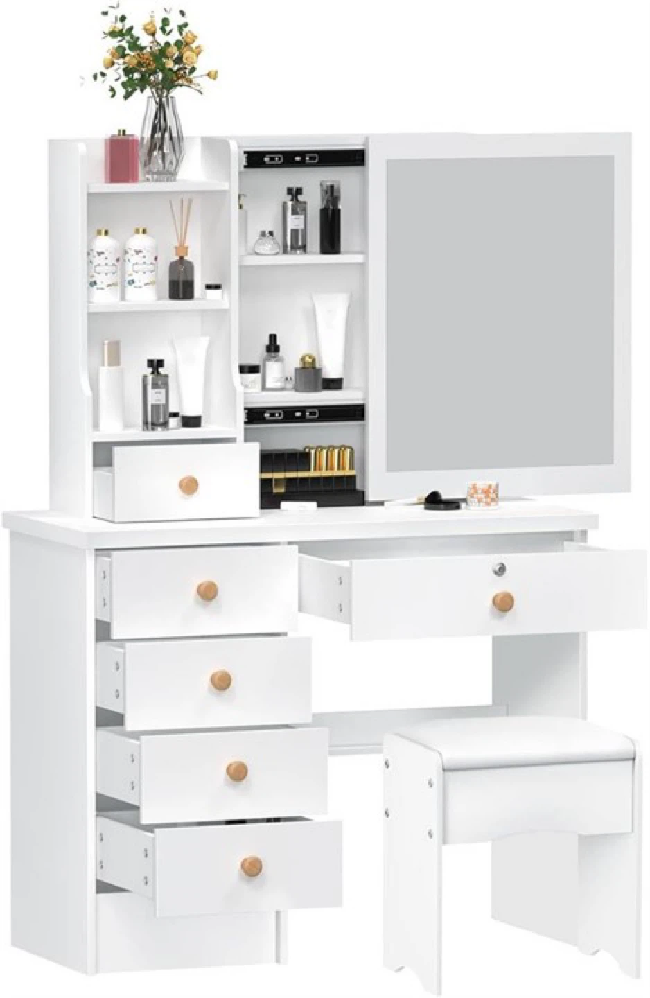 White Vanity Table with Mirror and Stool