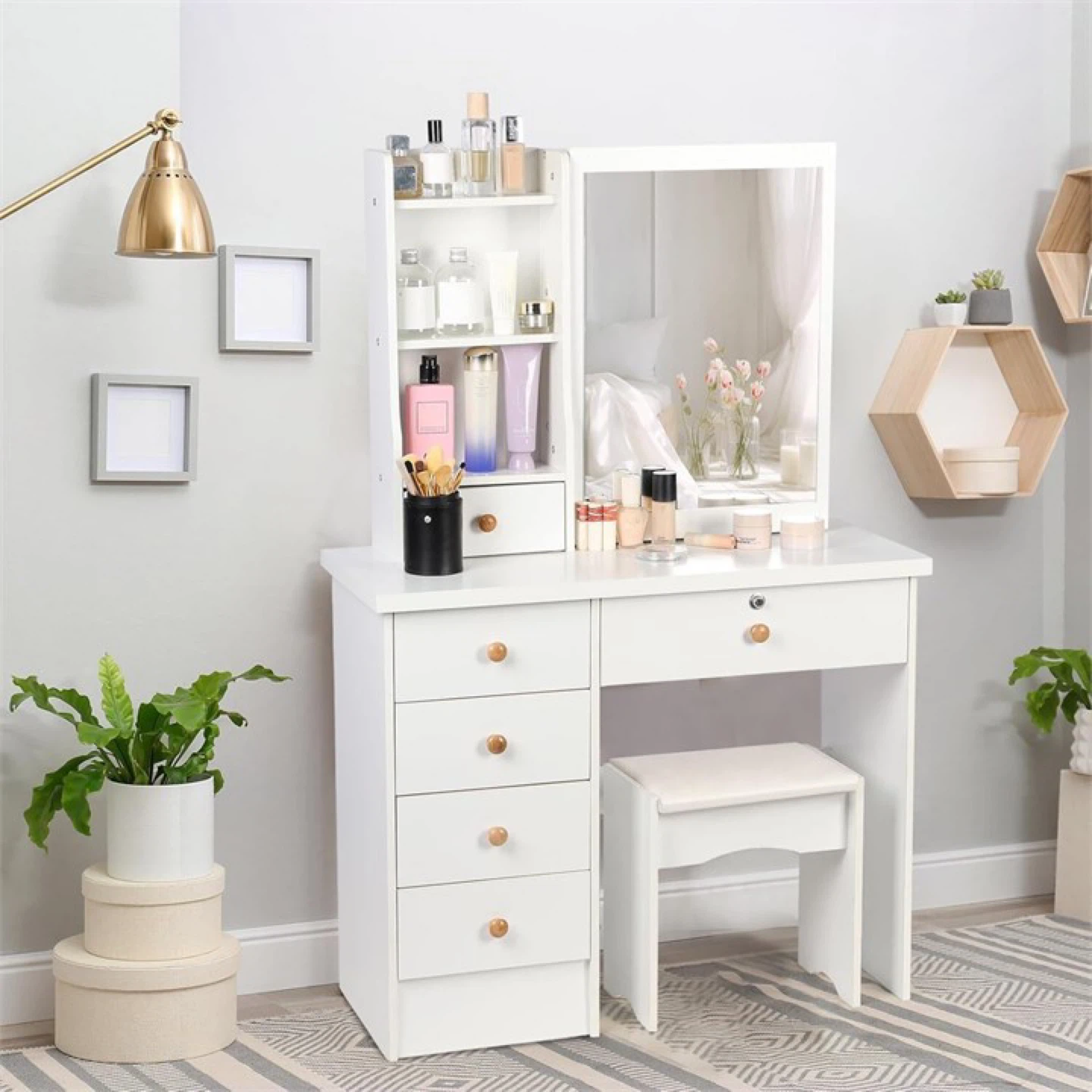 White Vanity Table with Mirror and Stool - photo 2