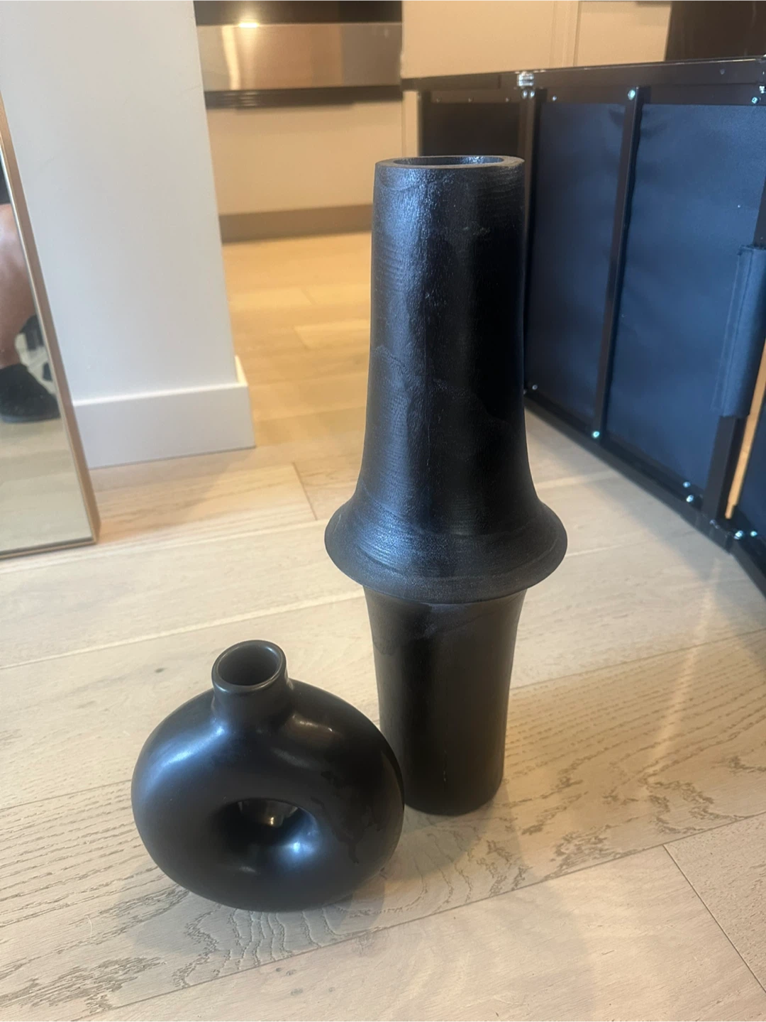 Set of 2 Black Ceramic and wood Vases
