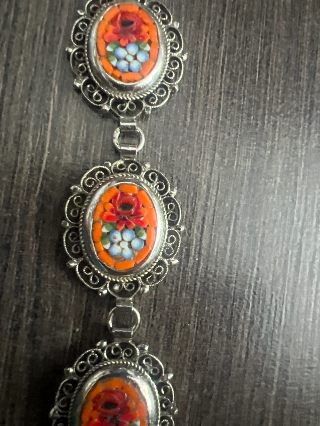 Vintage Silver Tone Bracelet with Mosaic Flower Details - photo 2
