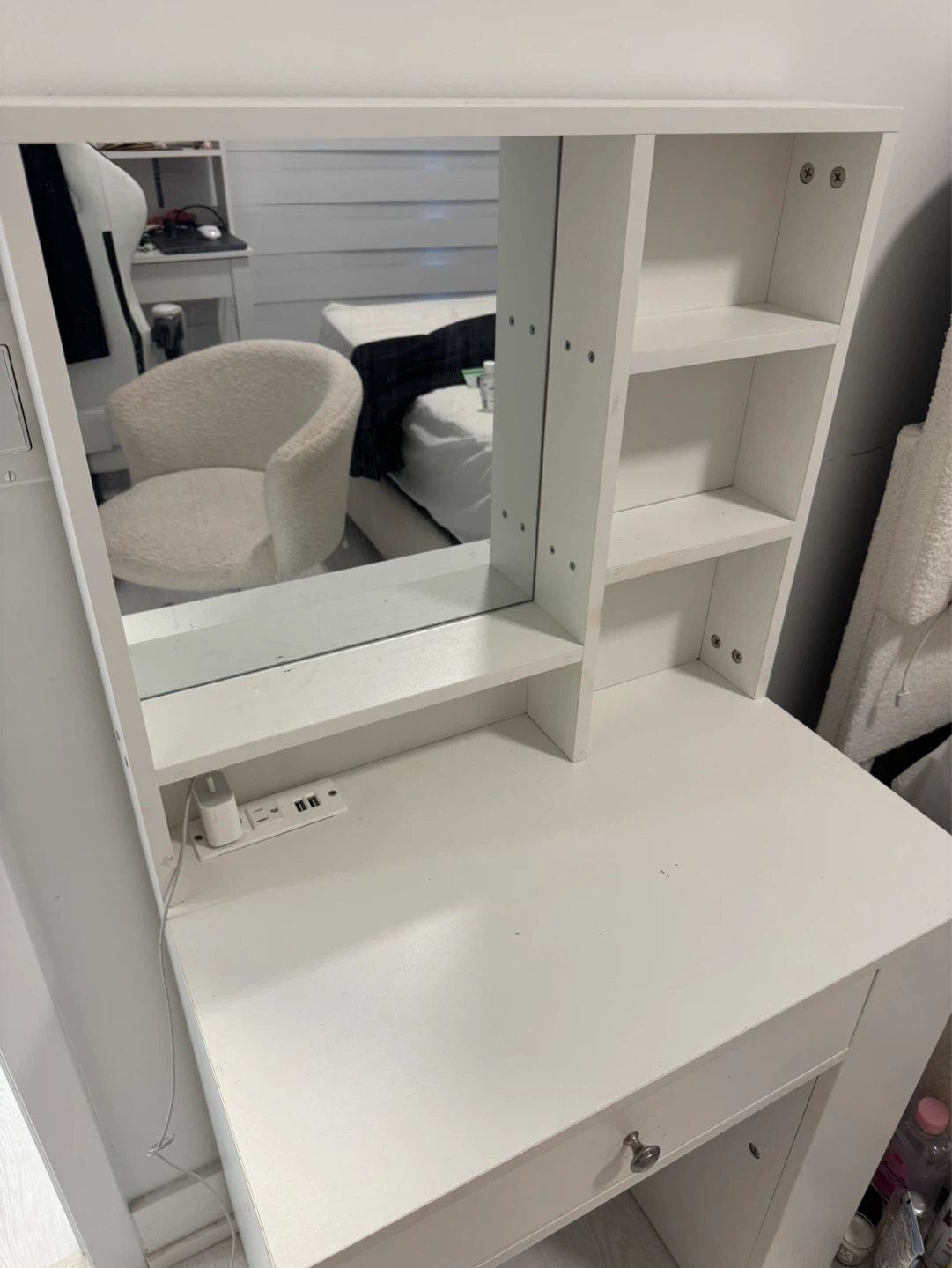 White Vanity Desk with Mirror and Shelving