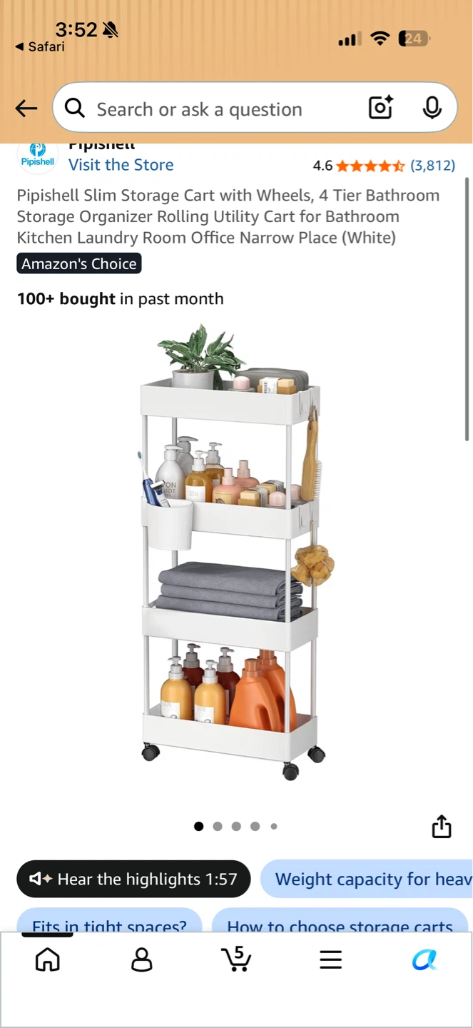 Slim Rolling Storage Cart 4 Tier White