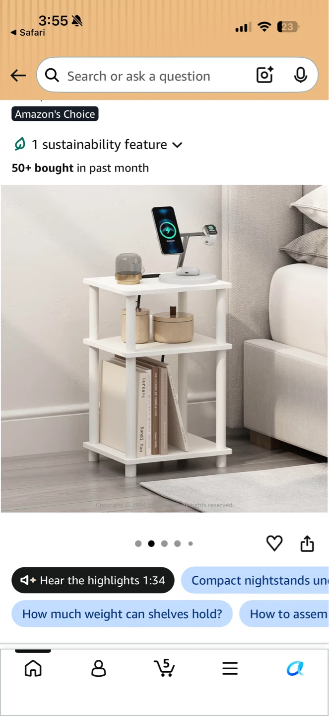 White 3-Tier Side Table with Charging Station
