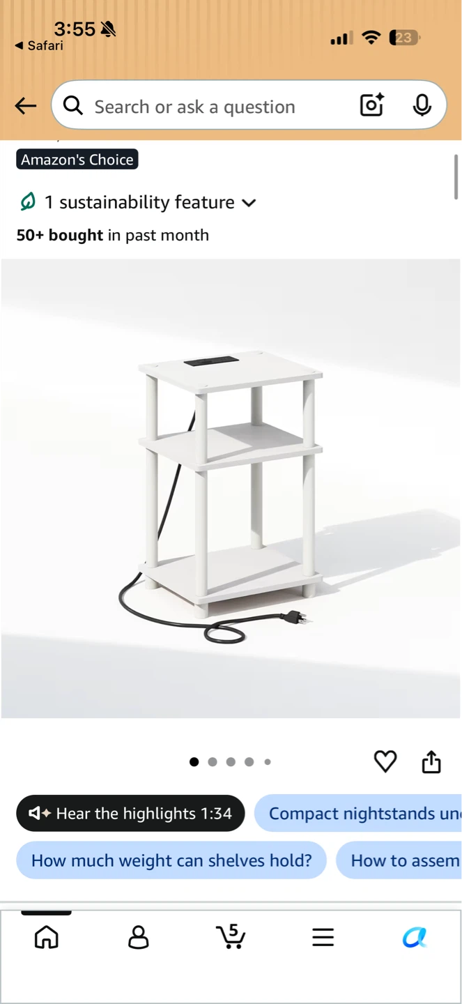 White 3-Tier Side Table with Charging Station - photo 3