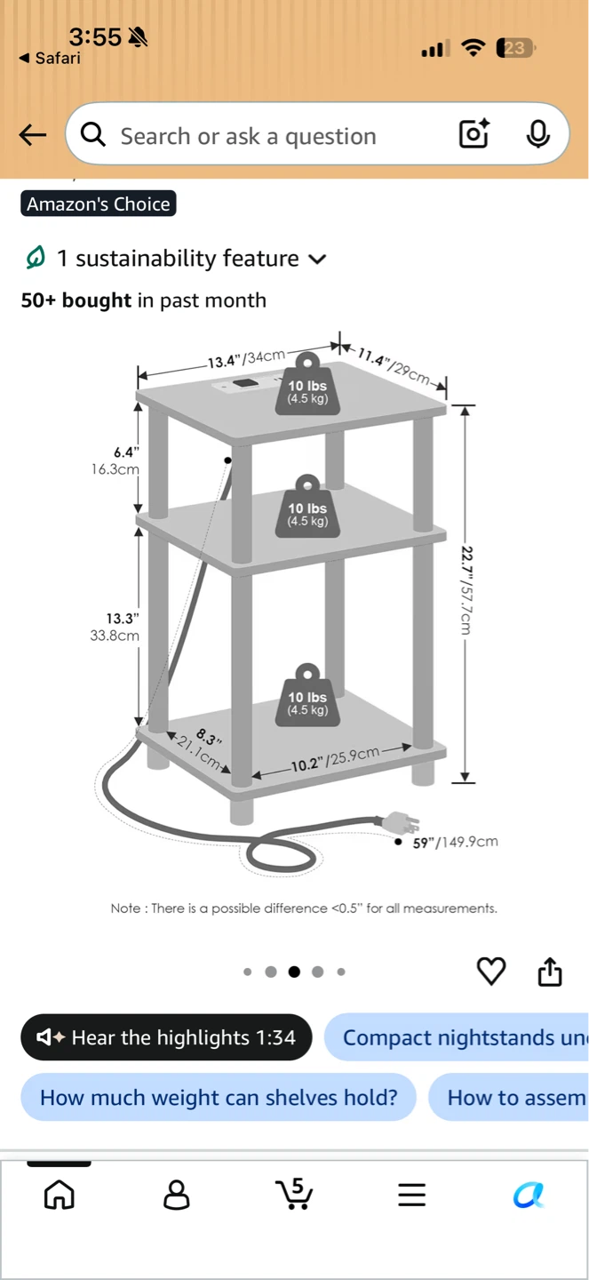 White 3-Tier Side Table with Charging Station - photo 2